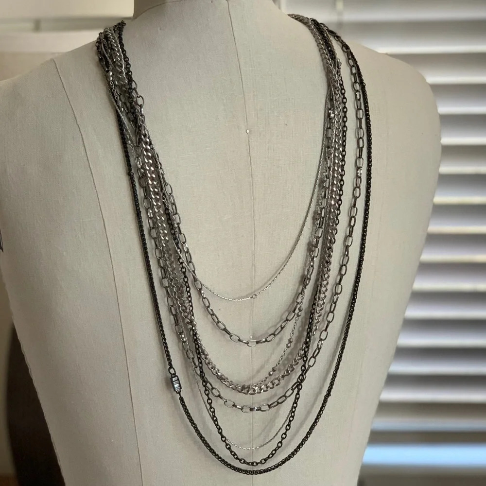 Multi Strand Necklace in Silver, Gun Metal and Blk - Picture 2 of 4